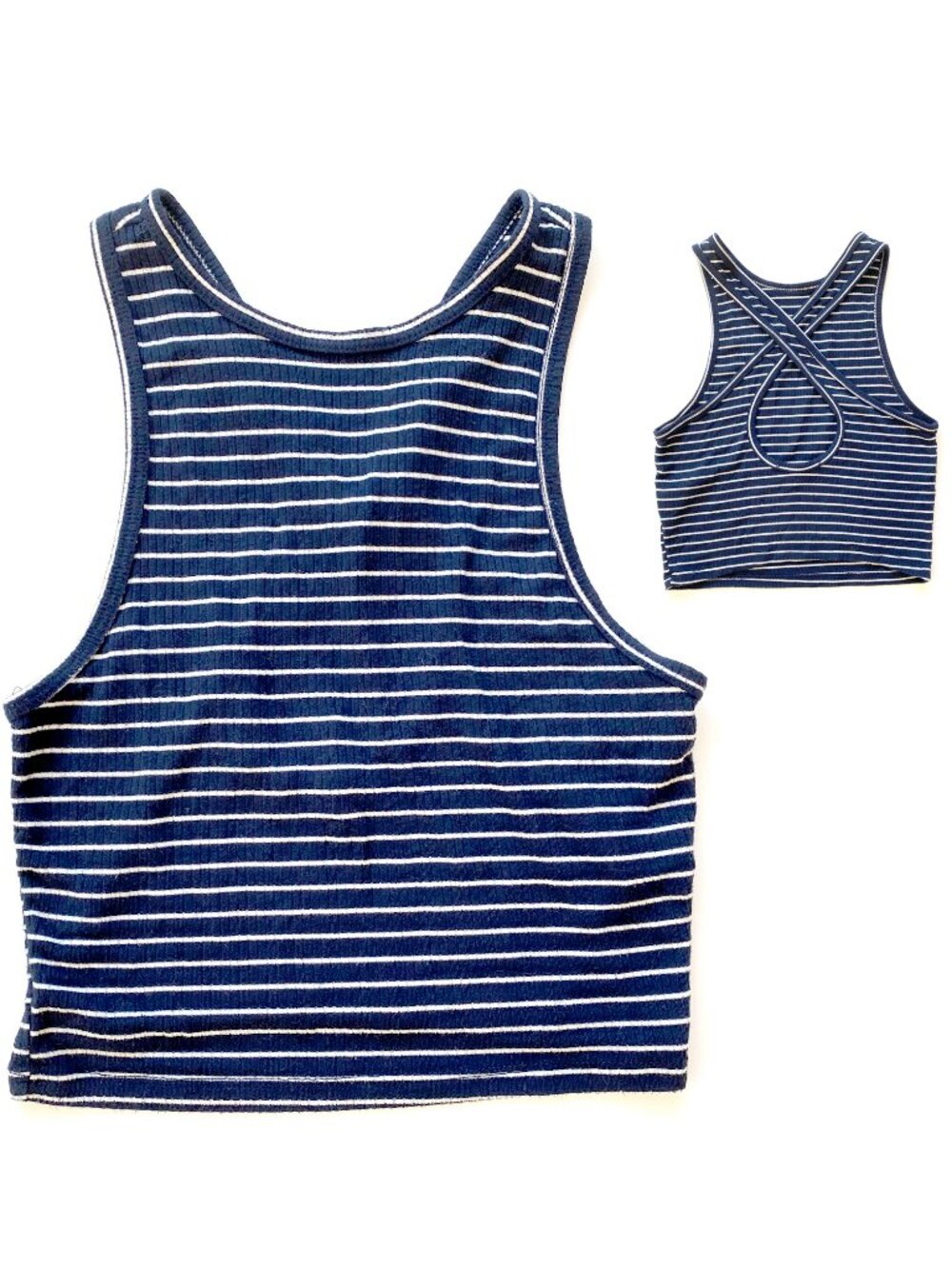 Hollister Navy White Stripe Ribbed Cross Back Crop Tank Top XS